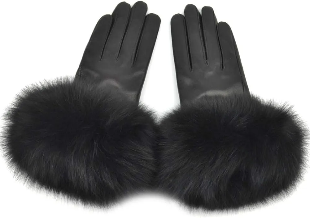 Women Genuine Lambskin Leather Winter Lined Gloves with Fox Fur Trim