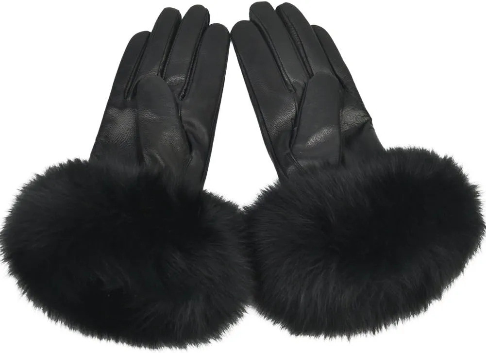 Women Genuine Lambskin Leather Winter Lined Gloves with Fox Fur Trim