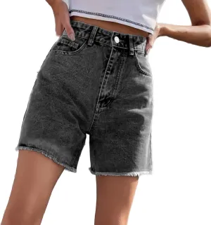 Women High Waisted Jean Shorts Baggy Casual Trendy Blue Denim Shorts Button Waistband Joggers Athletic Cut Off Shorts