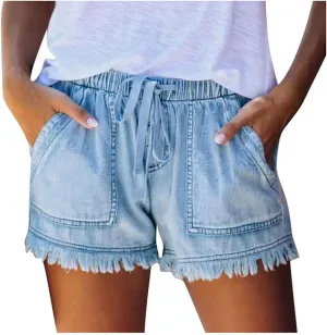 Women Jean Shorts Drawstring Elastic High Waisted Comfy Casual Shorts Lightweight Frayed Raw Hem Beach Trendy Cotton Shorts