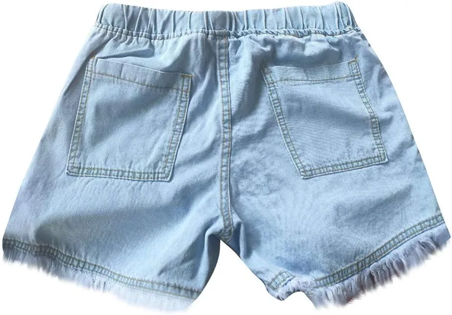 Women Jean Shorts Drawstring Elastic High Waisted Comfy Casual Shorts Lightweight Frayed Raw Hem Beach Trendy Cotton Shorts