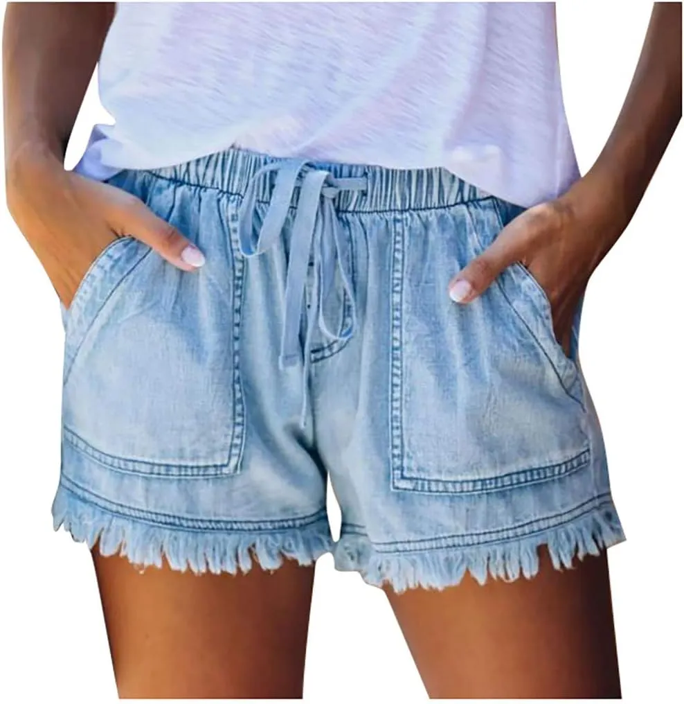 Women Jean Shorts Drawstring Elastic High Waisted Comfy Casual Shorts Lightweight Frayed Raw Hem Beach Trendy Cotton Shorts