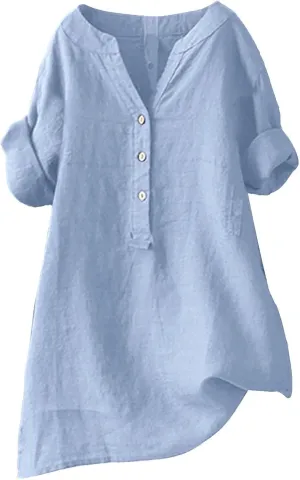 Women Linen Shirts V Neck Button Up Blouse Collar Summer Tee Shirts Long Sleeve Loose T-Shirt