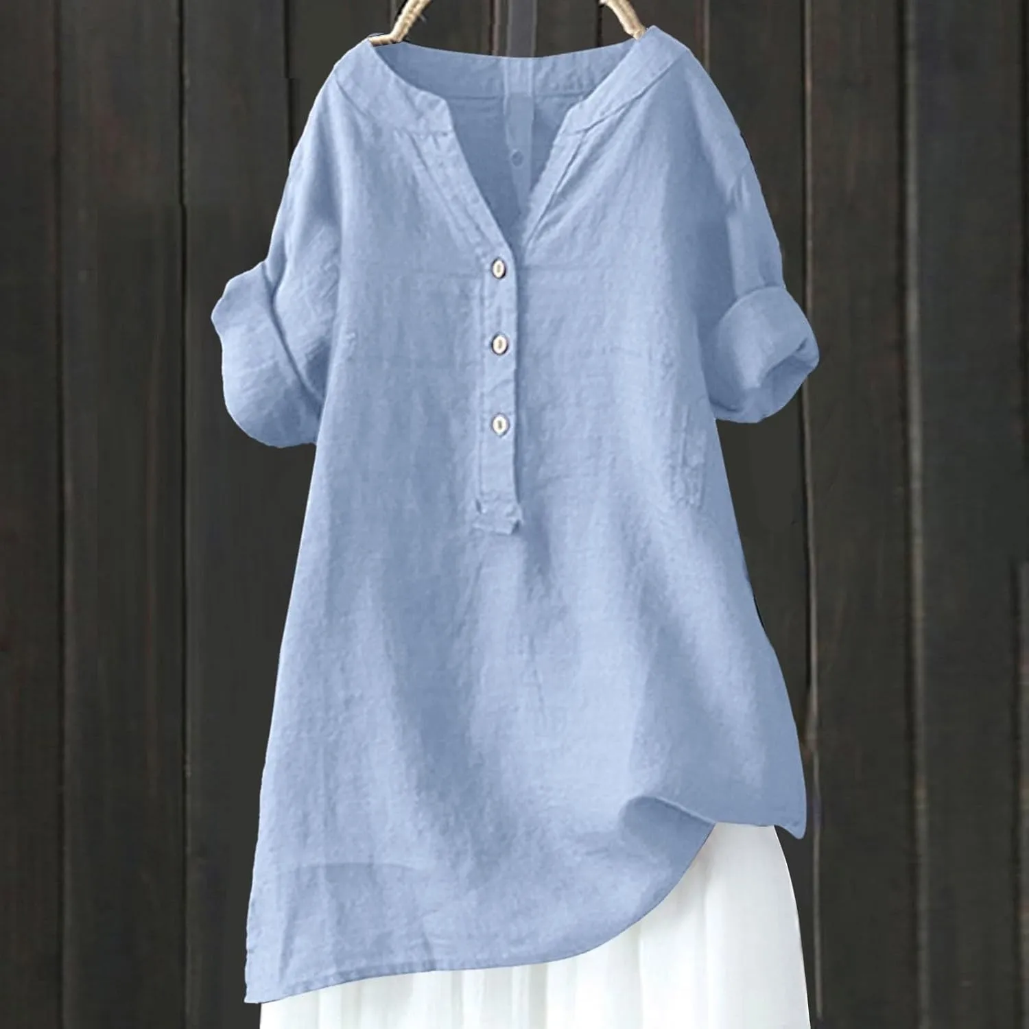 Women Linen Shirts V Neck Button Up Blouse Collar Summer Tee Shirts Long Sleeve Loose T-Shirt