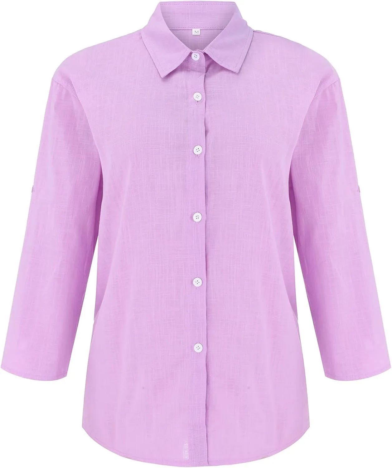 Women Linen Shirts V Neck Button Up Blouse Collar Summer Tee Shirts Long Sleeve Loose T-Shirt