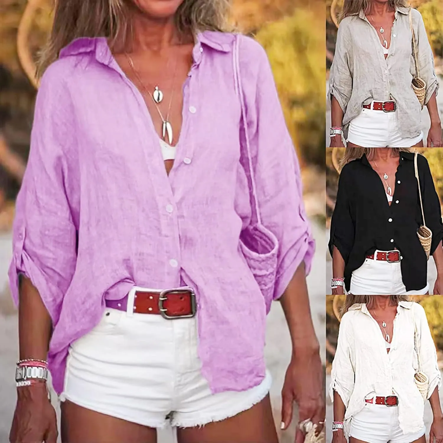 Women Linen Shirts V Neck Button Up Blouse Collar Summer Tee Shirts Long Sleeve Loose T-Shirt