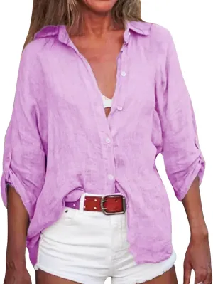 Women Linen Shirts V Neck Button Up Blouse Collar Summer Tee Shirts Long Sleeve Loose T-Shirt