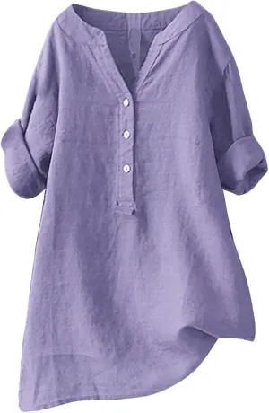 Women Linen Shirts V Neck Button Up Blouse Collar Summer Tee Shirts Long Sleeve Loose T-Shirt