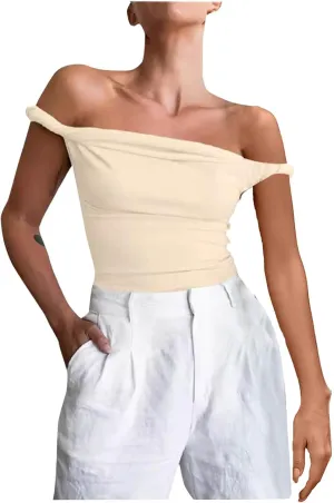 Women Off Shoulder Top Sleeveless Twist Strap Going Out Tank Tops Slim Fit Stretch Ruched Crop Top Casual T Shirts