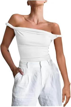 Women Off Shoulder Top Sleeveless Twist Strap Going Out Tank Tops Slim Fit Stretch Ruched Crop Top Casual T Shirts
