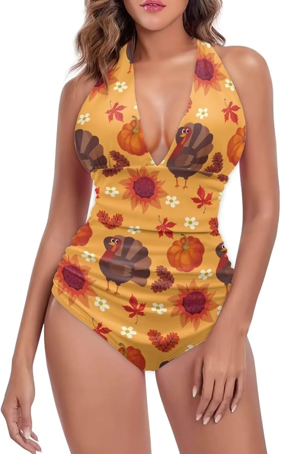 Women One Piece High Waist Ruched Swimsuit Tummy Control V-Neck Halter Bathing Suit Summer Beach Swimwear S-3XL