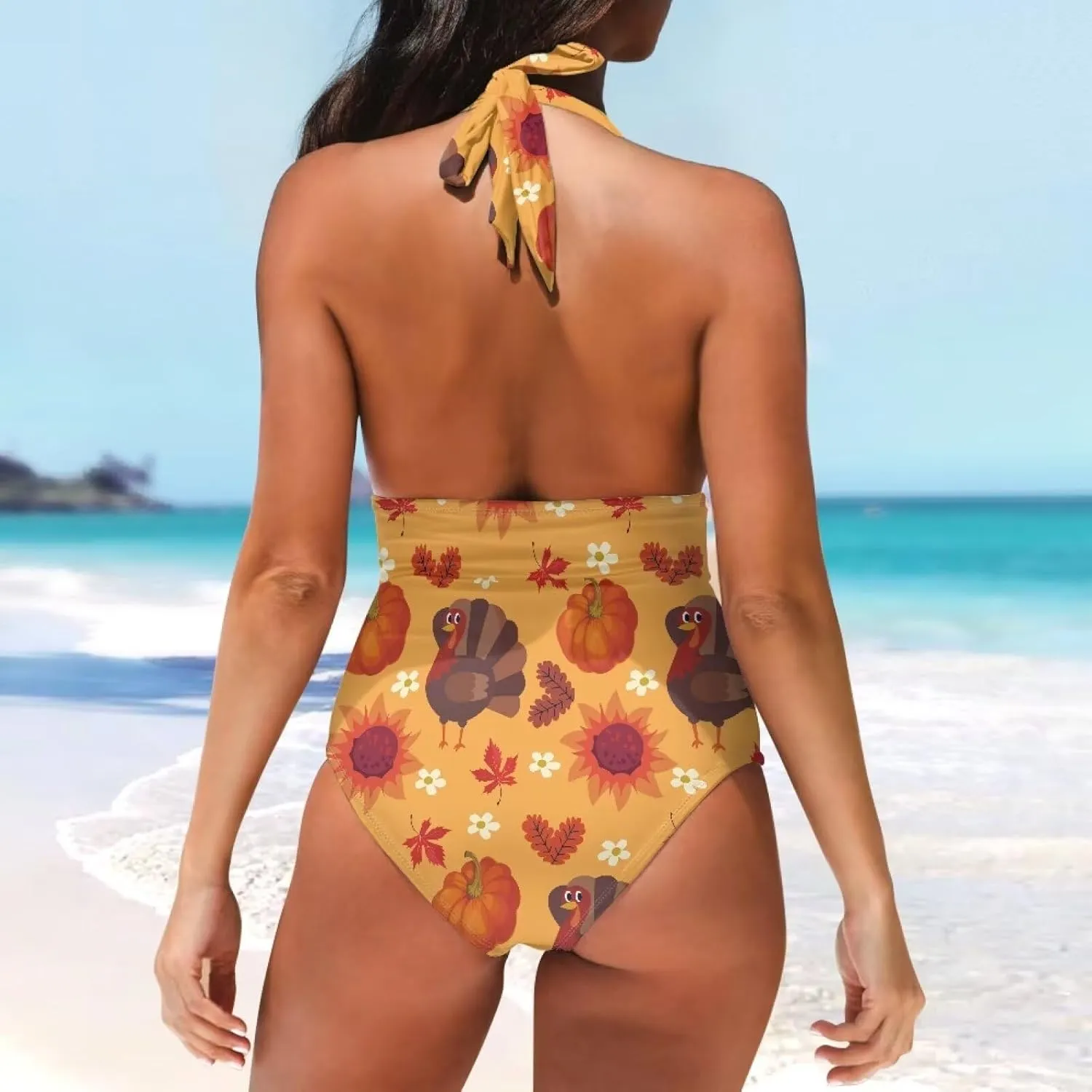Women One Piece High Waist Ruched Swimsuit Tummy Control V-Neck Halter Bathing Suit Summer Beach Swimwear S-3XL