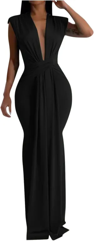 Women Sexy Deep V Sleeveless Dress Cocktail Gown Solid Wrap Long Dresses Shoulder Padded Elegant Evening Dress