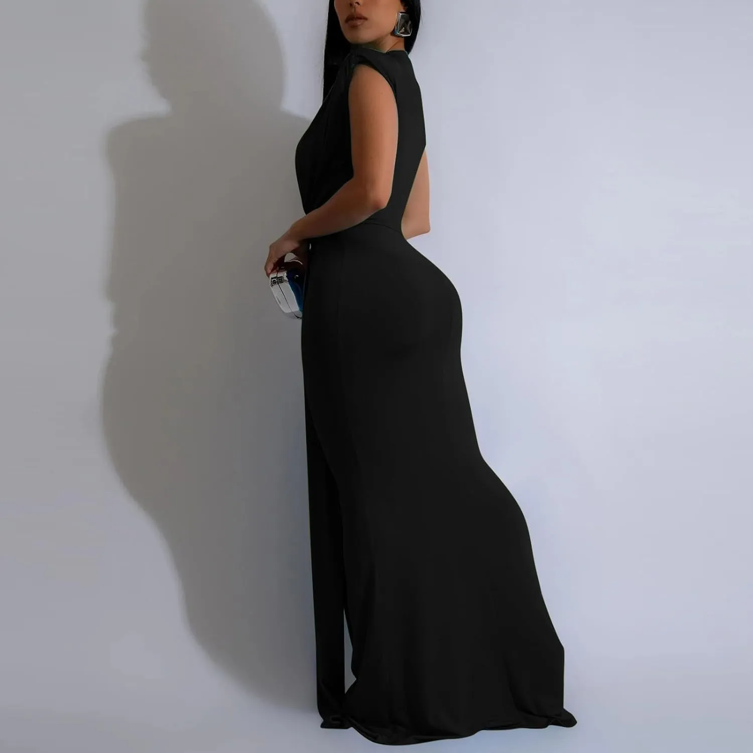 Women Sexy Deep V Sleeveless Dress Cocktail Gown Solid Wrap Long Dresses Shoulder Padded Elegant Evening Dress