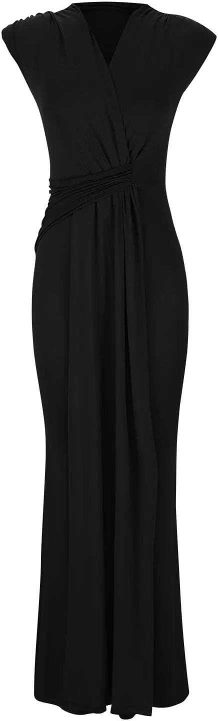 Women Sexy Deep V Sleeveless Dress Cocktail Gown Solid Wrap Long Dresses Shoulder Padded Elegant Evening Dress