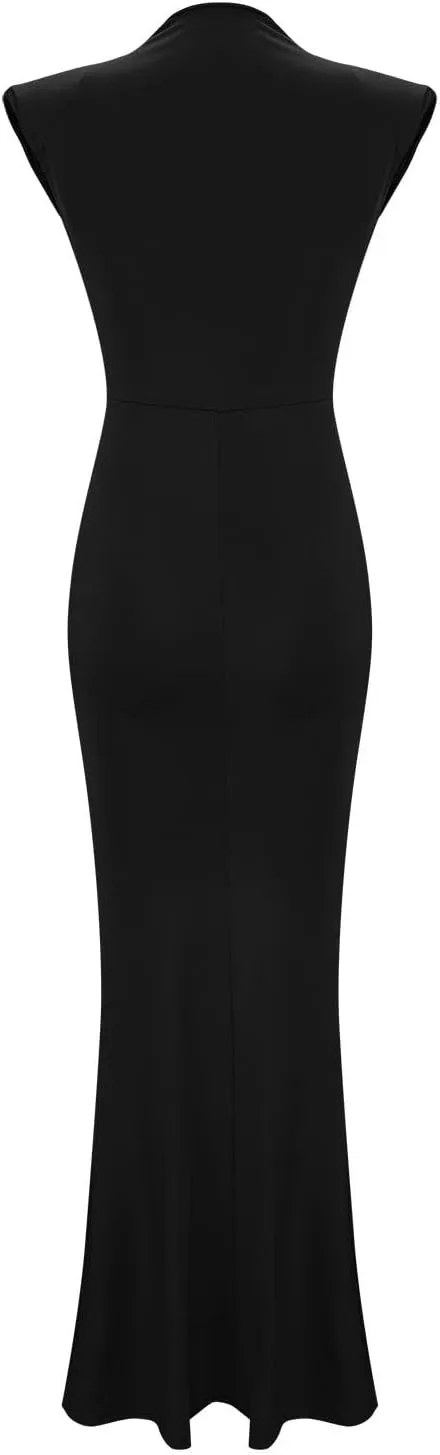 Women Sexy Deep V Sleeveless Dress Cocktail Gown Solid Wrap Long Dresses Shoulder Padded Elegant Evening Dress
