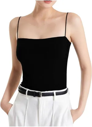 Women Spaghetti Straps Cotton Camisole Summer Comfy Built in Bra Yoga Crop Tops Square Neck Sleeveless Slim T-Shirts