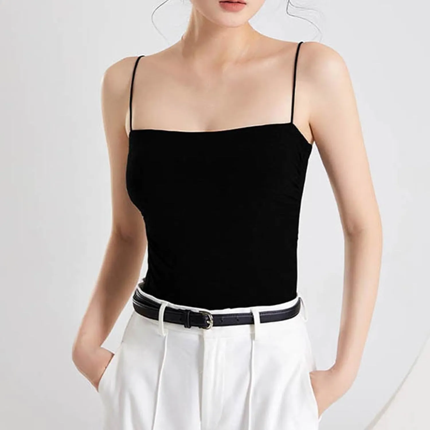Women Spaghetti Straps Cotton Camisole Summer Comfy Built in Bra Yoga Crop Tops Square Neck Sleeveless Slim T-Shirts