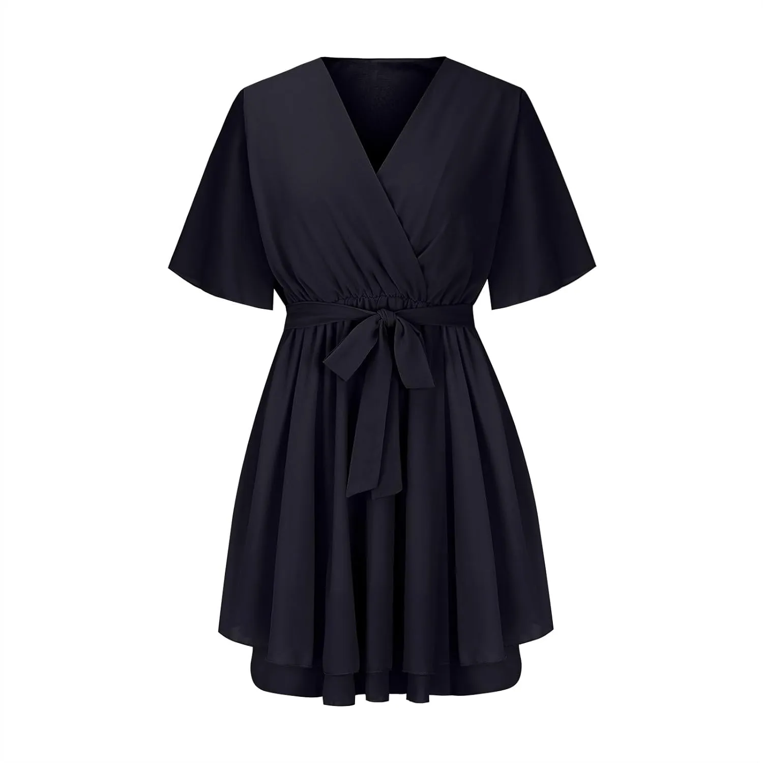 Women Summer Chiffon Mini Dress, Sexy V-Neck Tie-Up Cinched Waist Short Sleeve Dresses Summer Ruched Casual Sundress