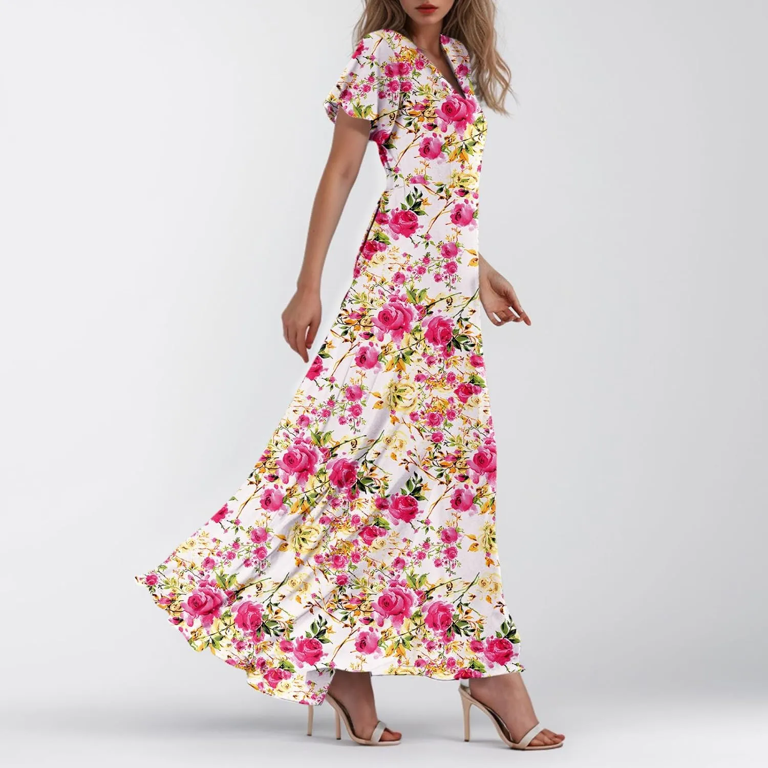 Women Summer Dresses High Waist Maxi Dress Chiffon Ruffle Sleeve Bohemian Dresses Vneck Tea Party Dress