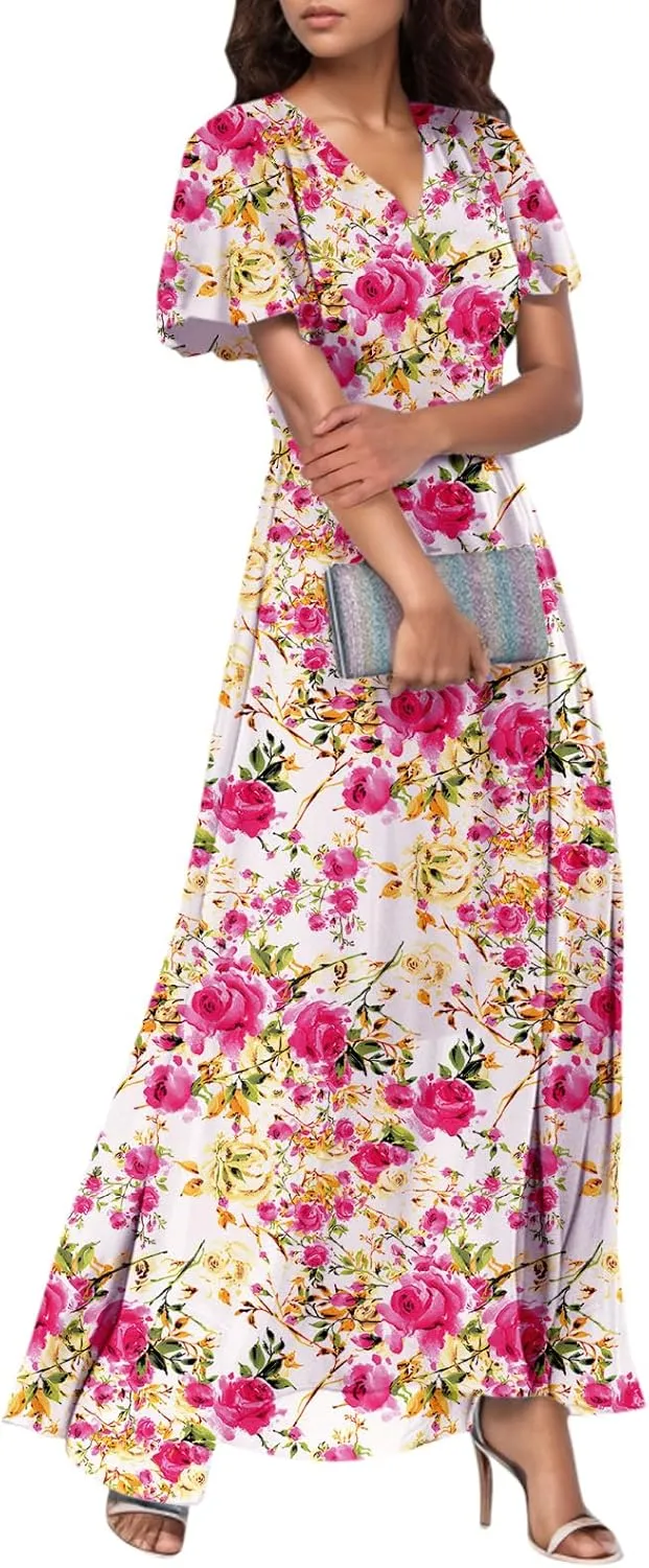 Women Summer Dresses High Waist Maxi Dress Chiffon Ruffle Sleeve Bohemian Dresses Vneck Tea Party Dress