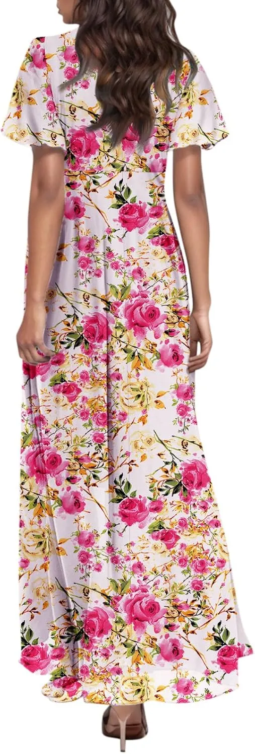Women Summer Dresses High Waist Maxi Dress Chiffon Ruffle Sleeve Bohemian Dresses Vneck Tea Party Dress