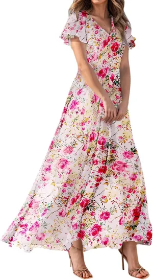 Women Summer Dresses High Waist Maxi Dress Chiffon Ruffle Sleeve Bohemian Dresses Vneck Tea Party Dress