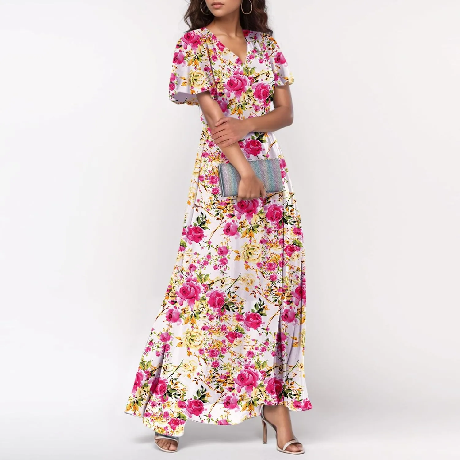 Women Summer Dresses High Waist Maxi Dress Chiffon Ruffle Sleeve Bohemian Dresses Vneck Tea Party Dress