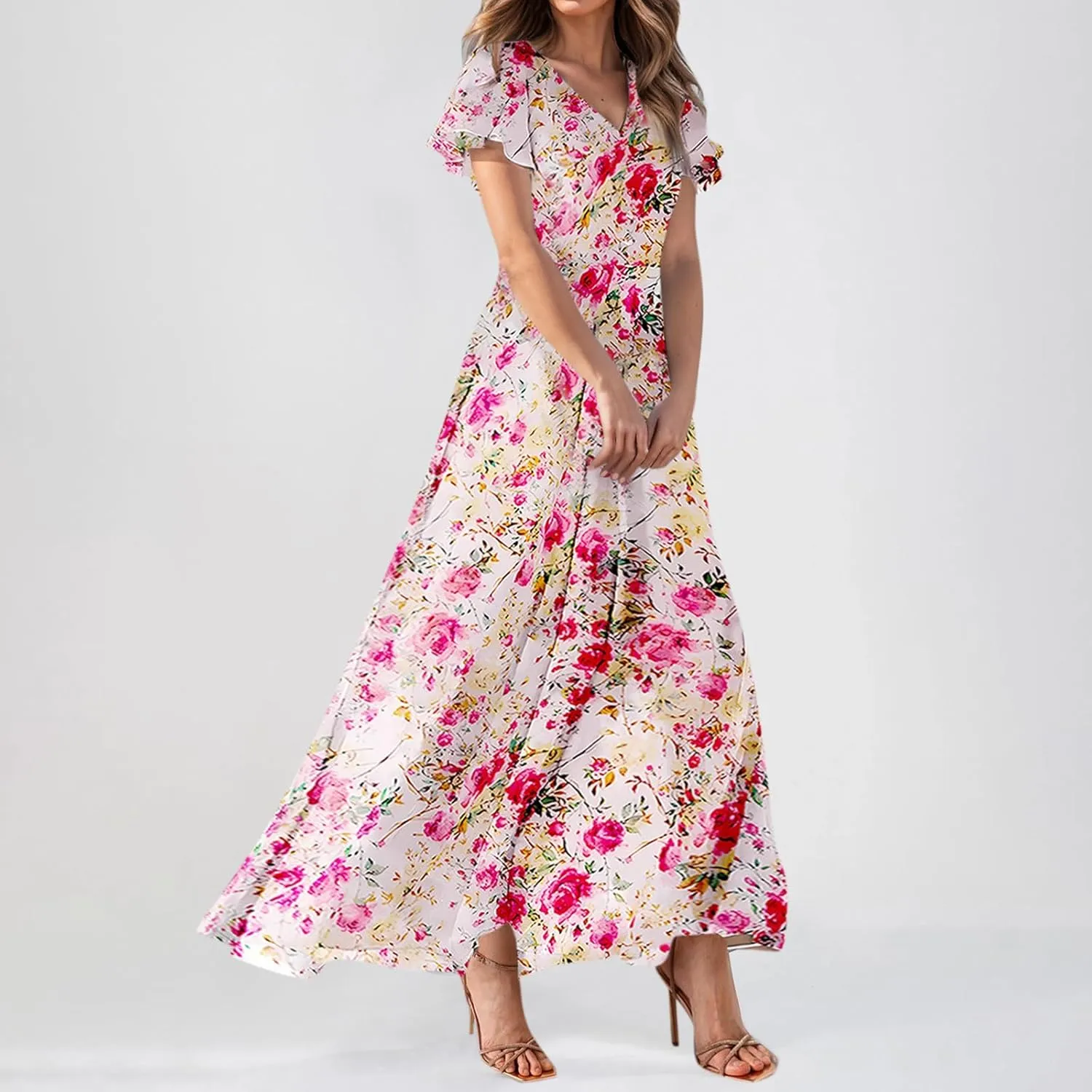 Women Summer Dresses High Waist Maxi Dress Chiffon Ruffle Sleeve Bohemian Dresses Vneck Tea Party Dress