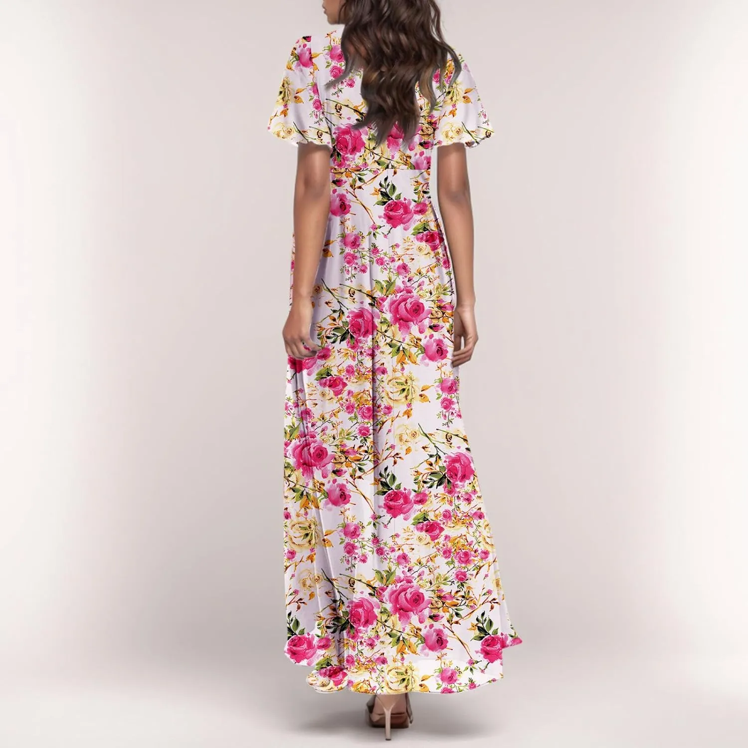 Women Summer Dresses High Waist Maxi Dress Chiffon Ruffle Sleeve Bohemian Dresses Vneck Tea Party Dress