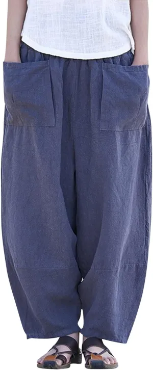 Women Summer High Elastic Waisted Linen Palazzo Pants Wide Leg Long Button Up Loose Pant Trousers with Pocket