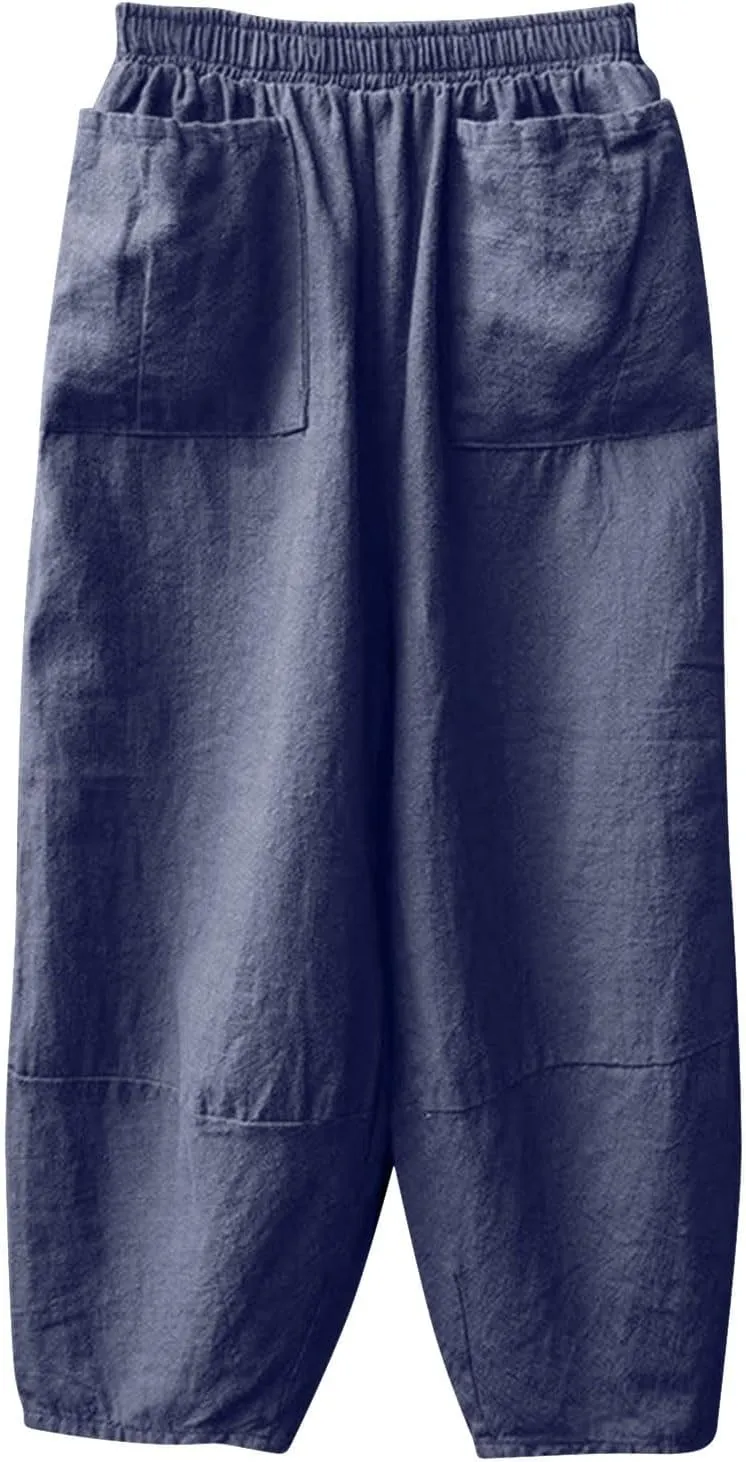 Women Summer High Elastic Waisted Linen Palazzo Pants Wide Leg Long Button Up Loose Pant Trousers with Pocket