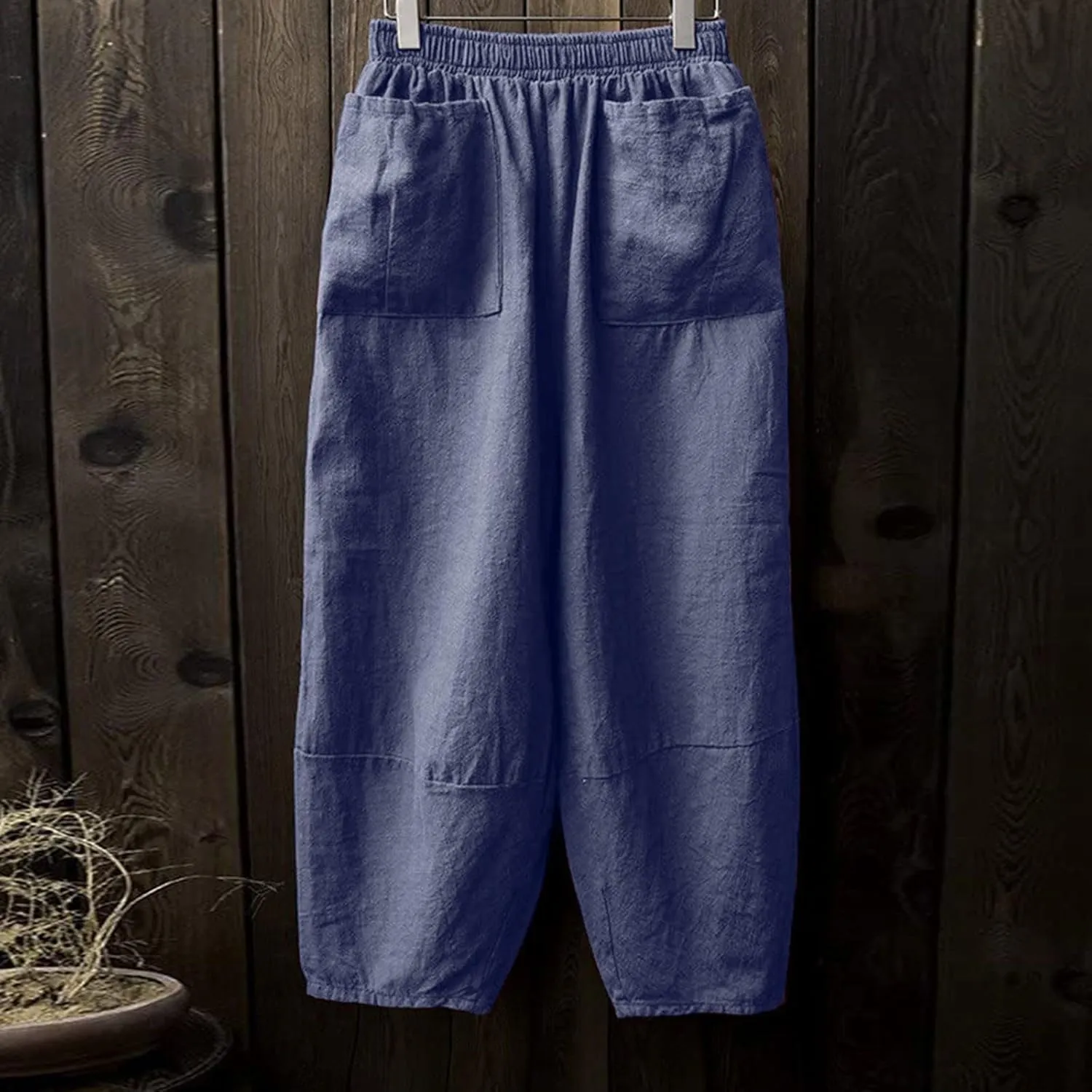 Women Summer High Elastic Waisted Linen Palazzo Pants Wide Leg Long Button Up Loose Pant Trousers with Pocket