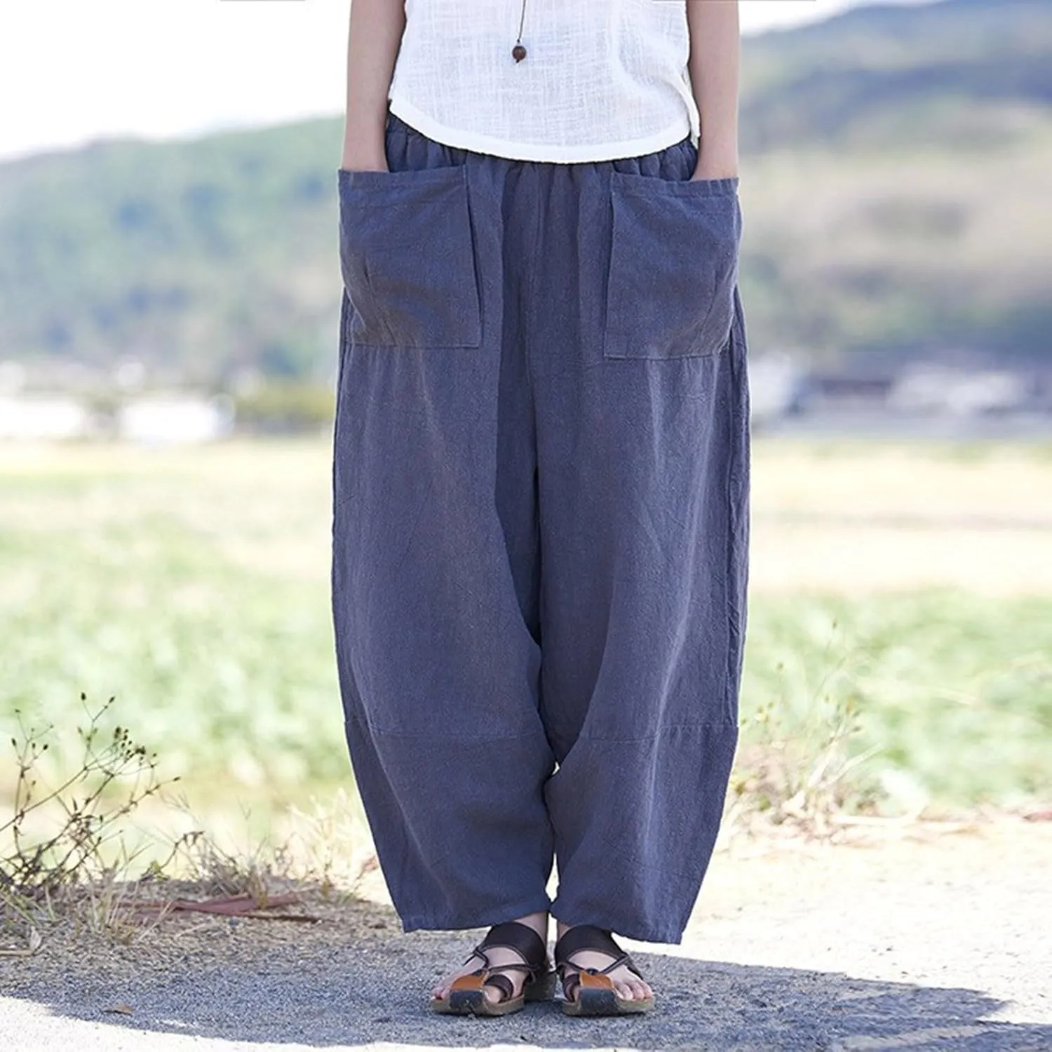 Women Summer High Elastic Waisted Linen Palazzo Pants Wide Leg Long Button Up Loose Pant Trousers with Pocket
