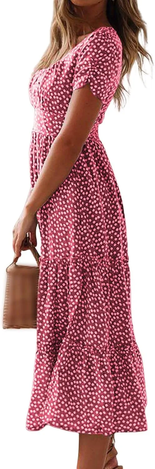 Womens 2025 Spring Summer Dresses Casual Floral Short Puff Sleeve Maxi Dress Boho Smocked Tiered Long Dress
