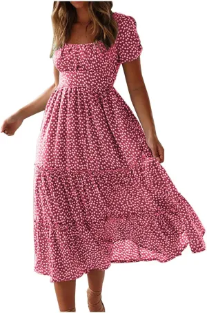 Womens 2025 Spring Summer Dresses Casual Floral Short Puff Sleeve Maxi Dress Boho Smocked Tiered Long Dress