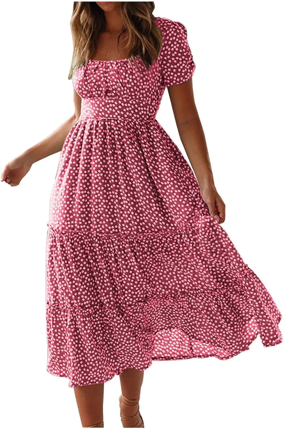 Womens 2025 Spring Summer Dresses Casual Floral Short Puff Sleeve Maxi Dress Boho Smocked Tiered Long Dress