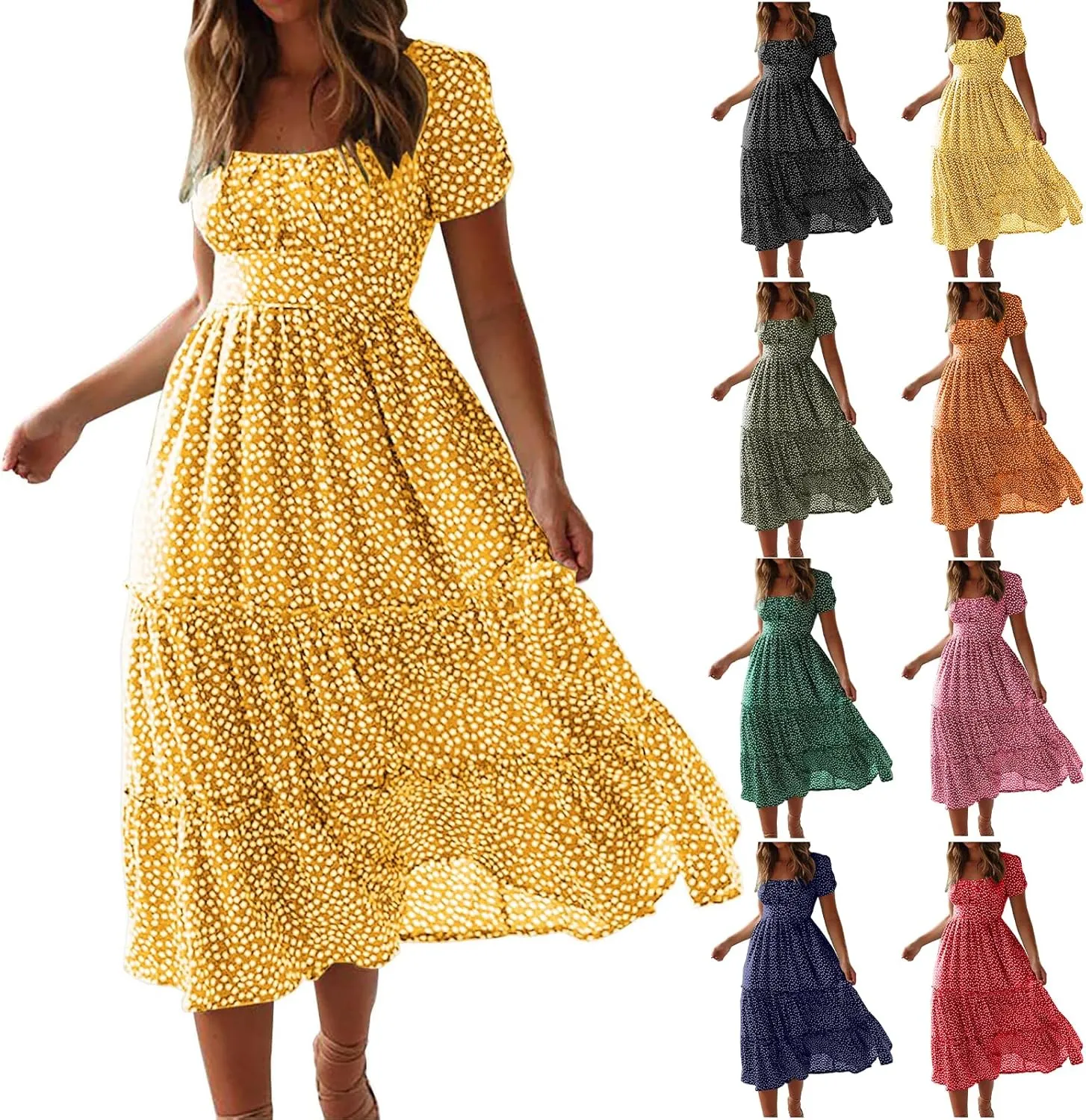 Womens 2025 Spring Summer Dresses Casual Floral Short Puff Sleeve Maxi Dress Boho Smocked Tiered Long Dress