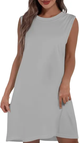 Womens 2025 Summer Beach Pockets Dress Vacation Crew Neck Sleeveless Sundress Casual Loose Printed Mini Dresses