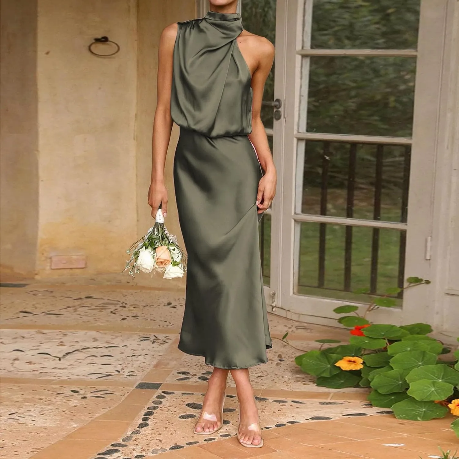 Women's 2025 Summer Satin Dress Elegant Sleeveless Mock Neck Cocktail Party Maxi Dresses