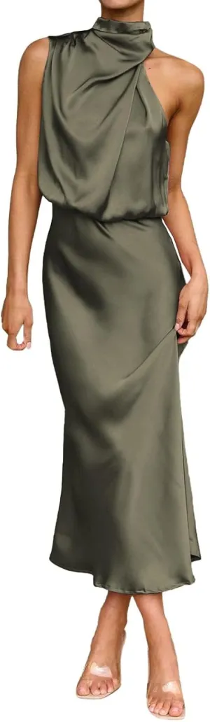 Women's 2025 Summer Satin Dress Elegant Sleeveless Mock Neck Cocktail Party Maxi Dresses