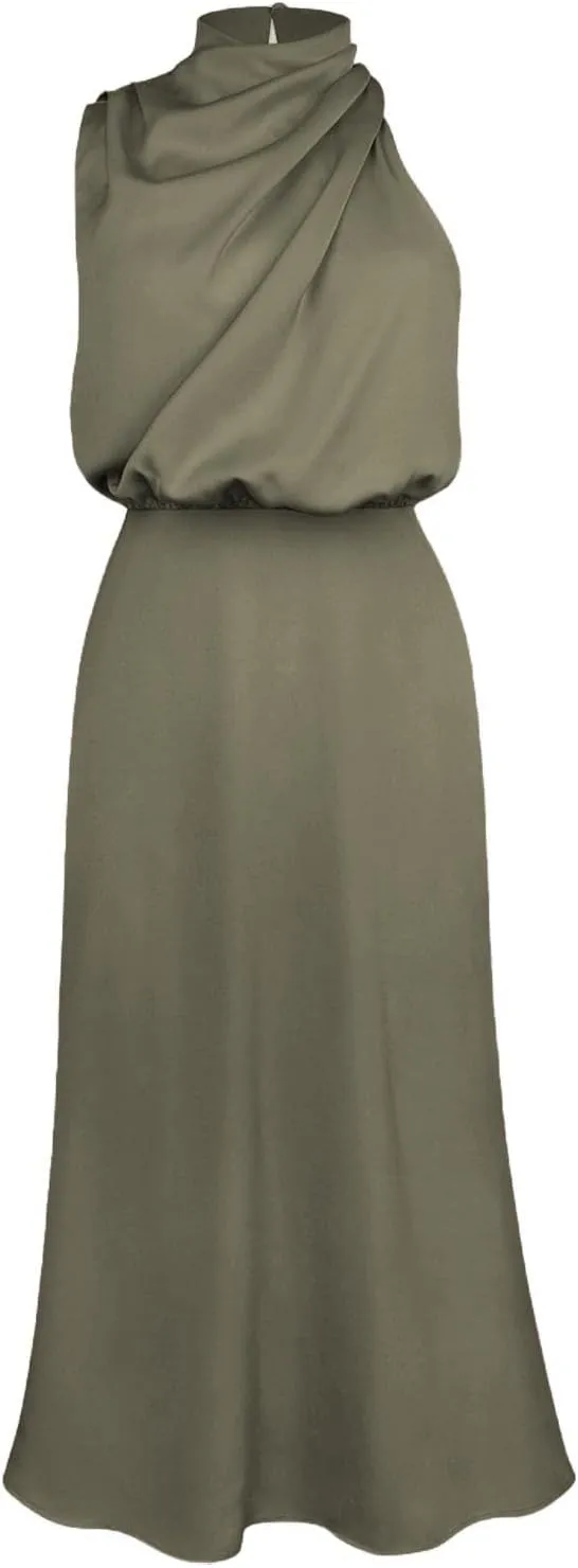 Women's 2025 Summer Satin Dress Elegant Sleeveless Mock Neck Cocktail Party Maxi Dresses