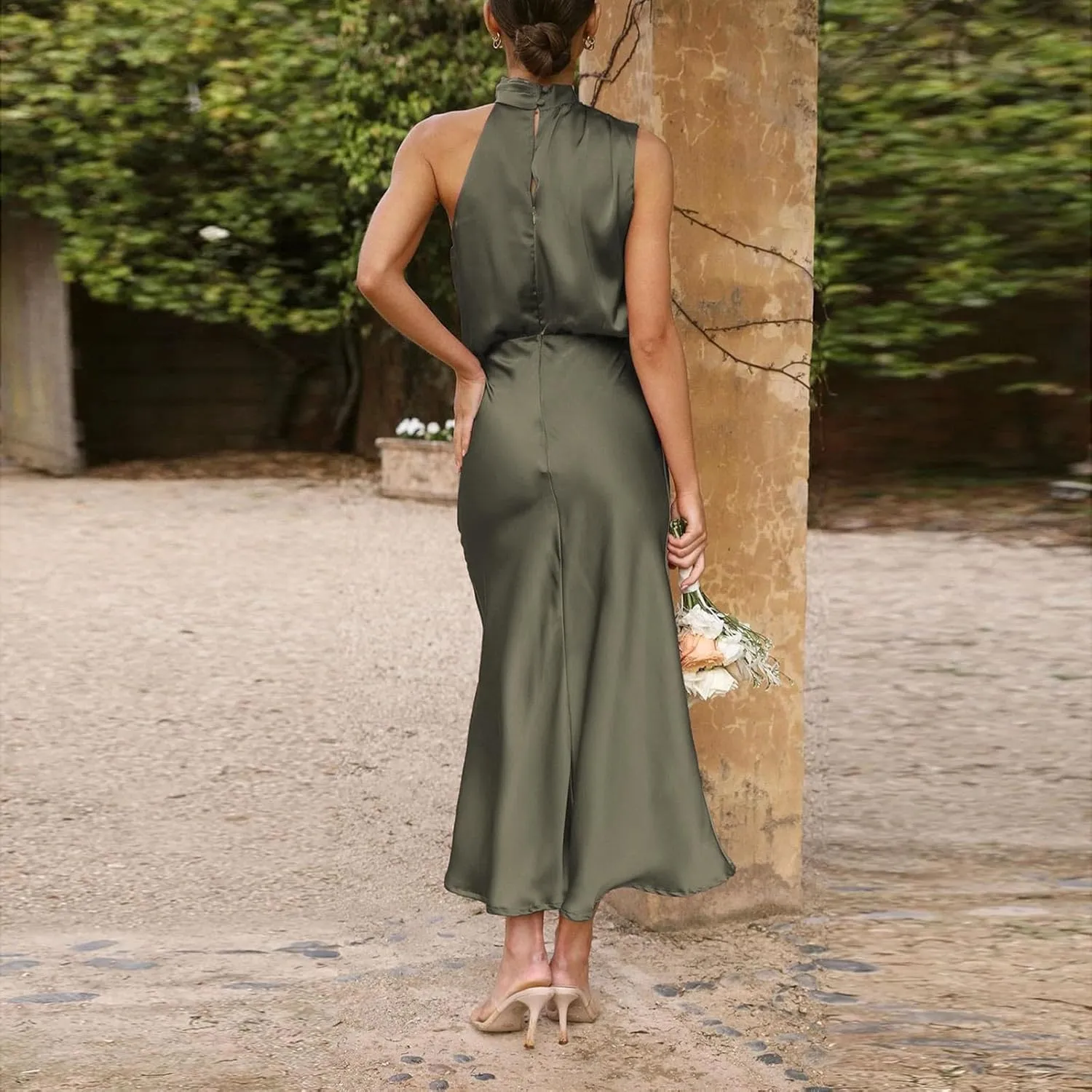 Women's 2025 Summer Satin Dress Elegant Sleeveless Mock Neck Cocktail Party Maxi Dresses