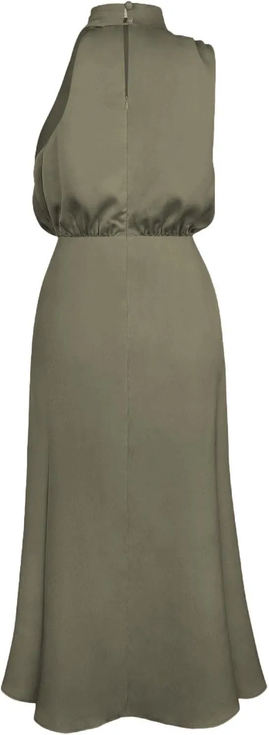 Women's 2025 Summer Satin Dress Elegant Sleeveless Mock Neck Cocktail Party Maxi Dresses