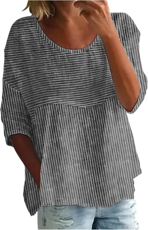 Womens 3/4 Length Sleeve Tops Summer Casual Cotton Linen Shirts Striped Graphic Tee Round Neck Loose Fit Blouse