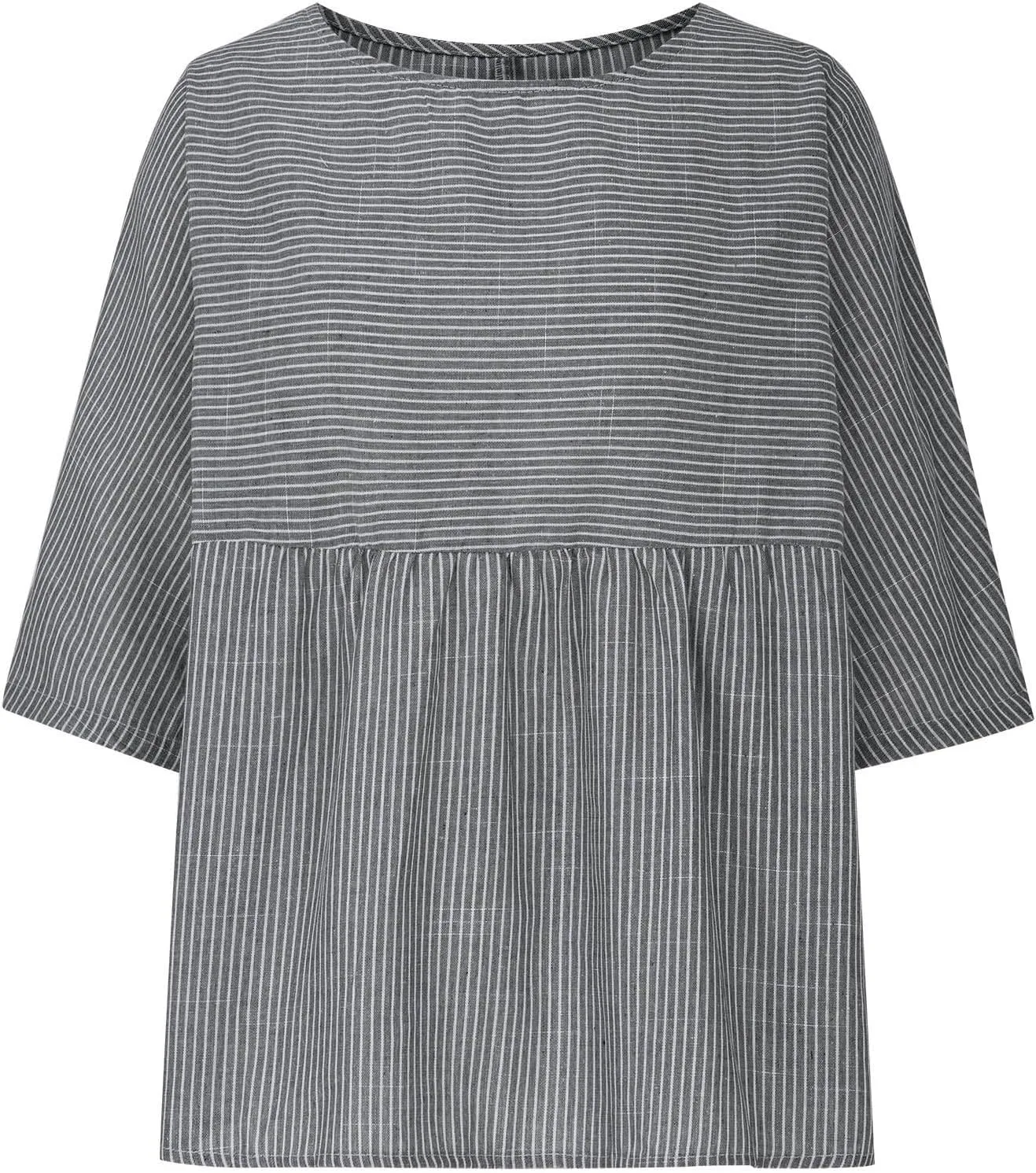 Womens 3/4 Length Sleeve Tops Summer Casual Cotton Linen Shirts Striped Graphic Tee Round Neck Loose Fit Blouse