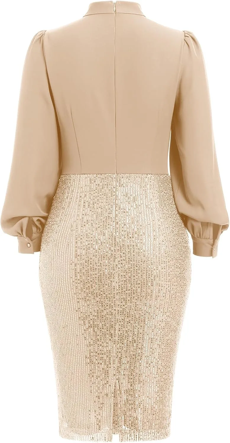 Womens 3/4 Sleeve V Neck Sequin Sparkle Glitzy Glam Flapper Party Dress Cocktail Glitter Bodycon Wedding Evening Clubwear