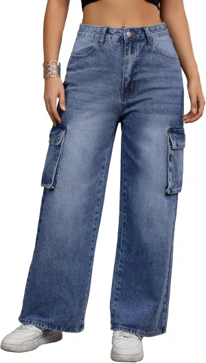 Women's Baggy Cargo Jeans High Waisted Casual 2025 Trendy Wide Leg Denim Pants