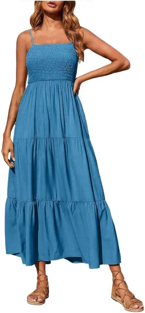 Women's Bohemian Spaghetti Strap Smocked Tiered Long Beach Sun Dresses Sleeveless Solid Maxi Dress
