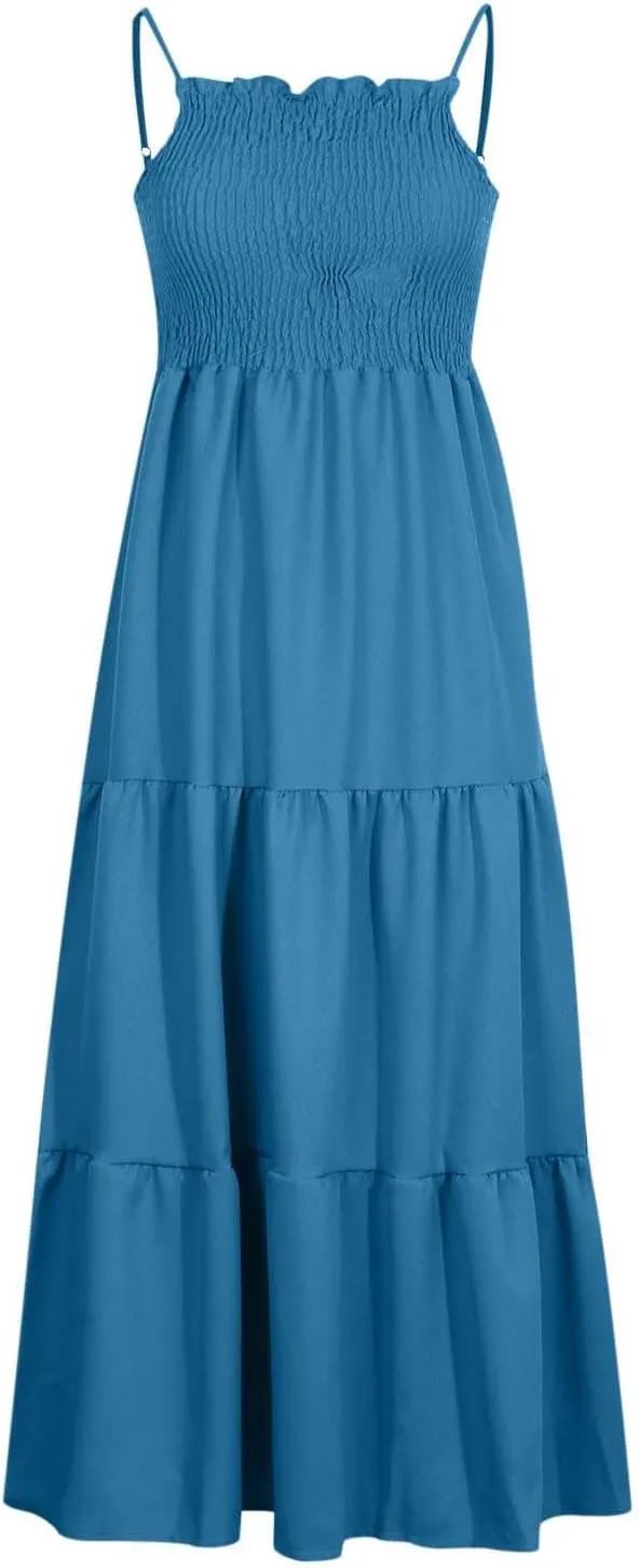 Women's Bohemian Spaghetti Strap Smocked Tiered Long Beach Sun Dresses Sleeveless Solid Maxi Dress